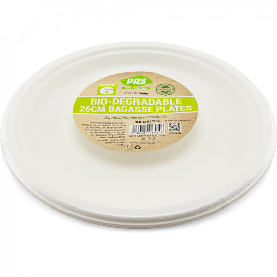 Plates Bagasse White 26cm 6pc/32 PLATES & BOWLS, ECO image