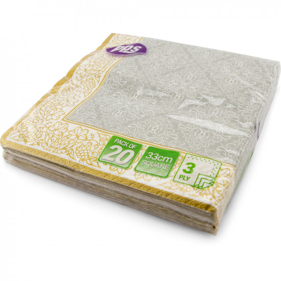 Napkins Design 3Ply Silver With Gold Border 33cm 20pc/12 PATTERNED NAPKINS image